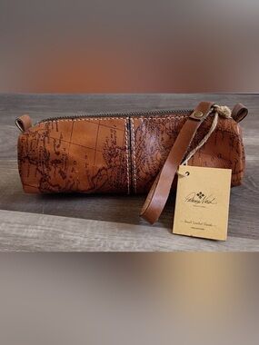 Vintage Map Print Leather Pencil Case - Brown